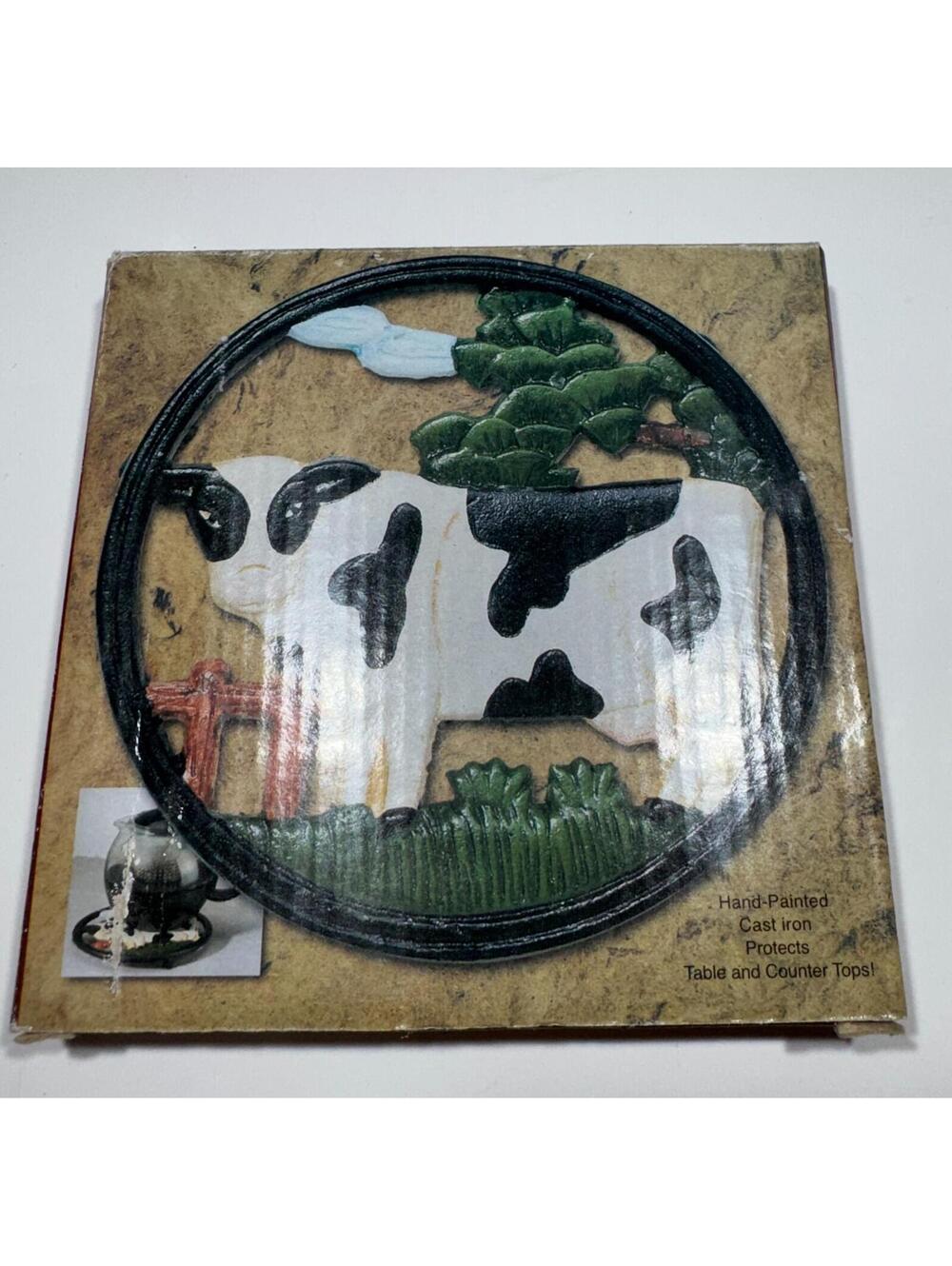 Cast Iron Cow & Farm Scene Trivet Hand Painted Rustic Farmhouse Kitchen Decor